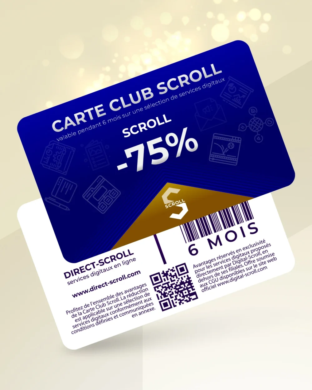 Direct-Scroll | e-Carte Club Scroll -75% de Réduction sur toute la Boutique | e-Cartes Club | Slide 1 | Pack Digital Offert avec un Abonnement de 6 Mois à Notre e-Boutique de Templates pour Visuels Réseaux Sociaux