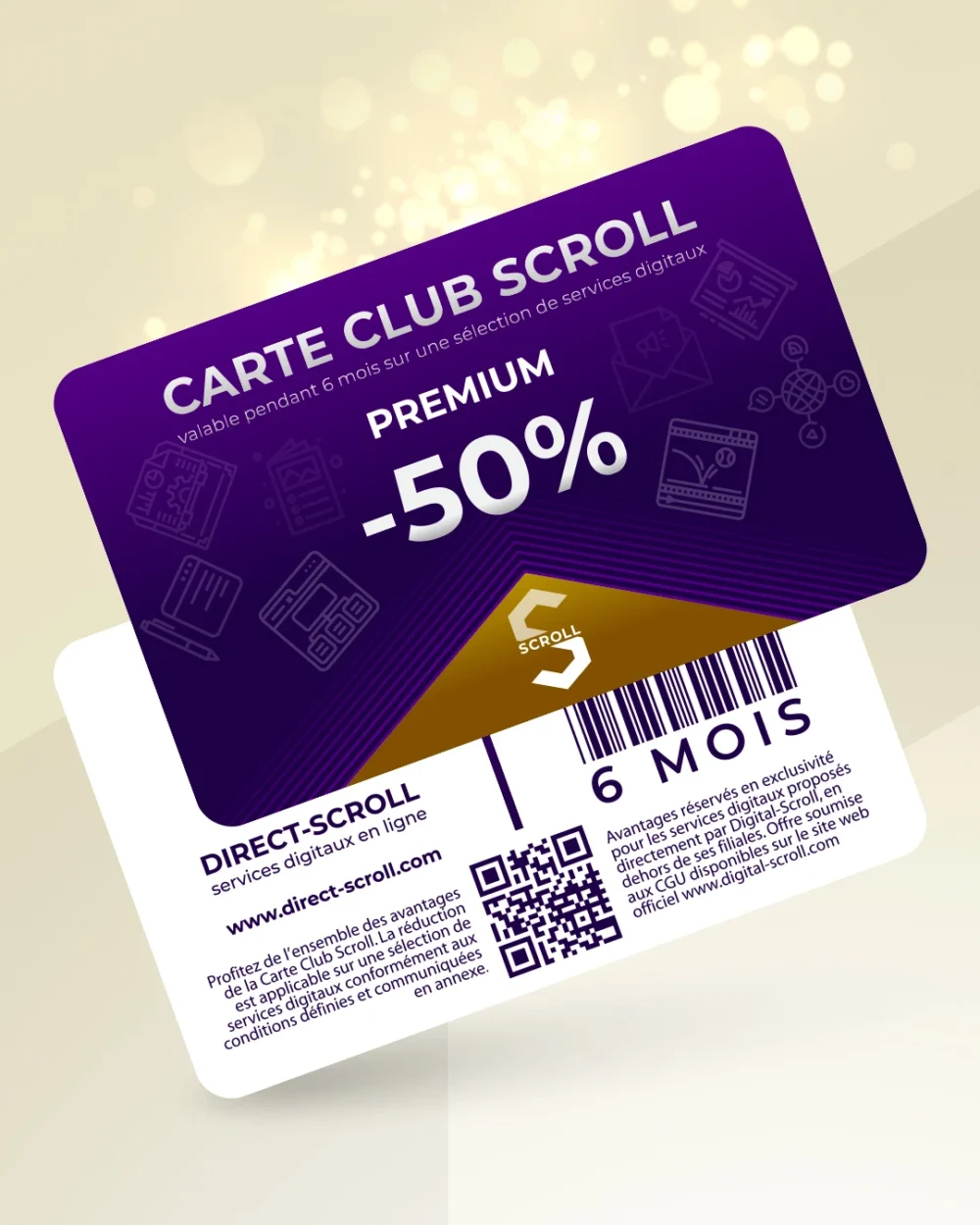 Direct-Scroll | e-Carte Club Premium -50% de Réduction sur toute la Boutique | e-Cartes Club | Slide 1 | Pack Digital Offert avec un Abonnement de 6 Mois à Notre e-Boutique de Templates pour Visuels Réseaux Sociaux