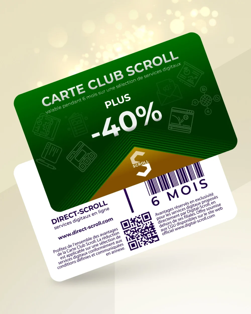 Direct-Scroll | e-Carte Club Plus -40% de Réduction sur toute la Boutique | e-Cartes Club | Slide 1 | Pack Digital Offert avec un Abonnement de 6 Mois à Notre e-Boutique de Templates pour Visuels Réseaux Sociaux