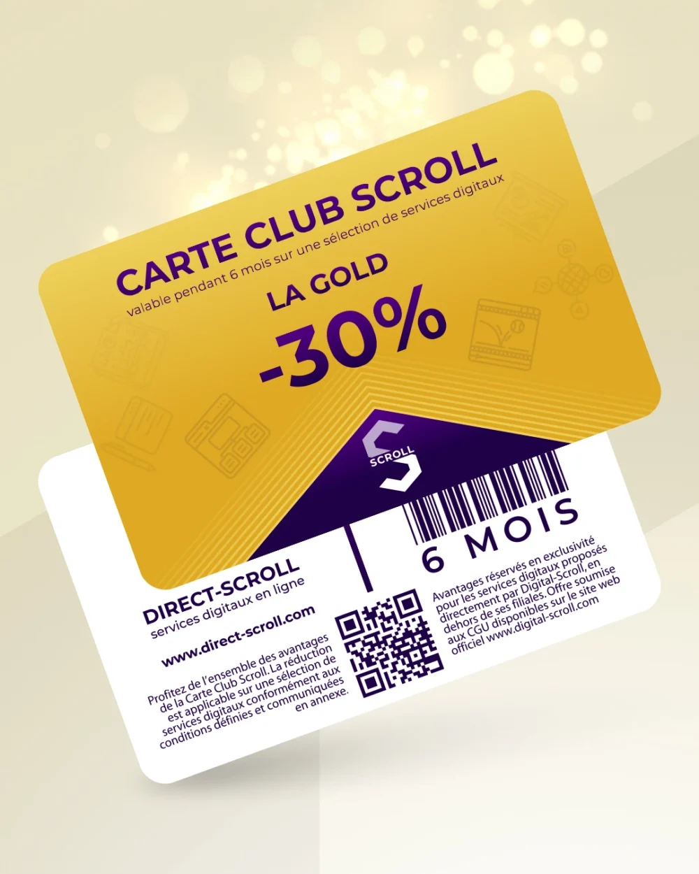 Direct-Scroll | e-Carte Club Gold -30% de Réduction sur toute la Boutique | e-Cartes Club | Slide 1 | Pack Digital Offert avec un Abonnement de 6 Mois à Notre e-Boutique de Templates pour Visuels Réseaux Sociaux