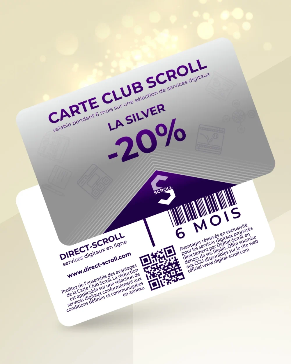 Direct-Scroll | e-Carte Club Silver -20% de Réduction sur toute la Boutique | e-Cartes Club | Slide 1 | Pack Digital Offert avec un Abonnement de 6 Mois à Notre e-Boutique de Templates pour Visuels Réseaux Sociaux